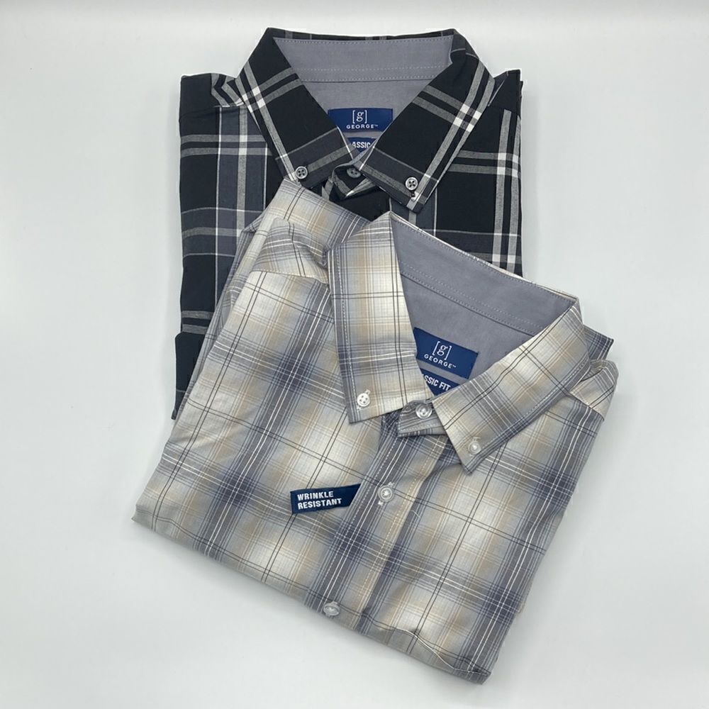 Mens Poplin Plaid Long Sleeve Button Down Shirts 2-Pack Size S